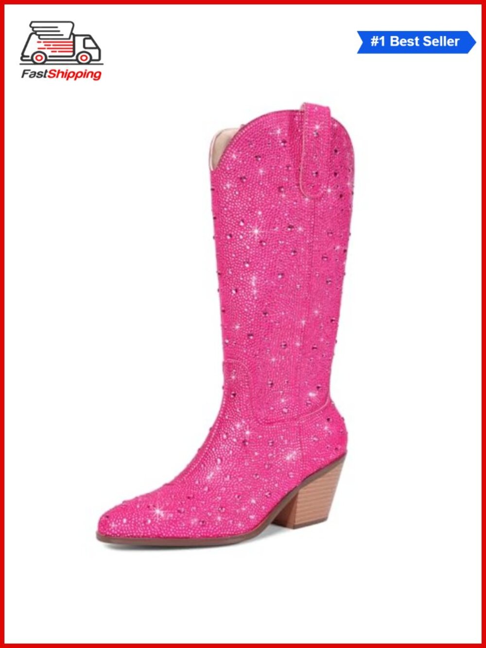 ✨ Rhinestone Western Cowgirl Ankle Boots Pointed Toe Block Heel Pull-On